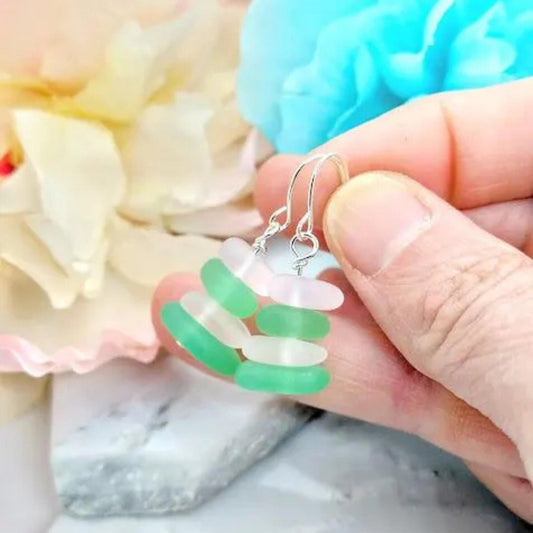 Pink & Green Sea Glass Earrings: Sterling Silver Dangle Earrings