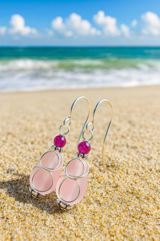 Pink Sea Glass Teardrop Earrings: Sterling Silver Hooks, Beach Jewelry