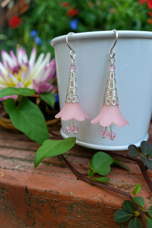 Pink Flower Dangle Earrings: Handmade Boho Cottagecore Jewelry