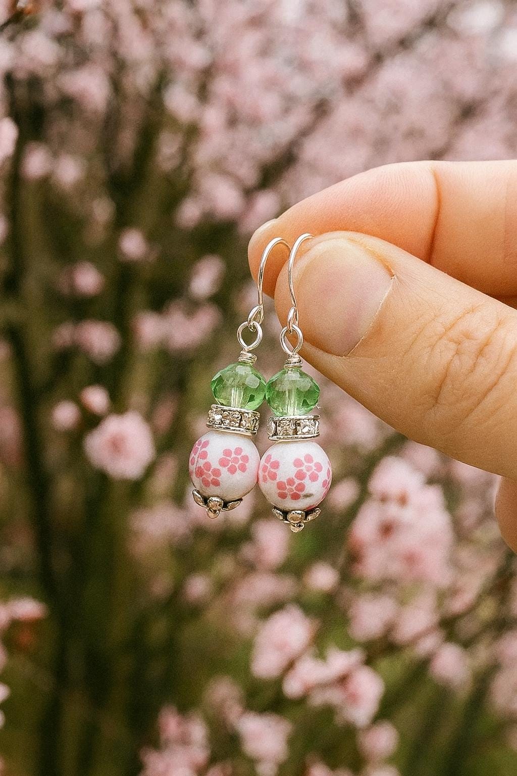 Pink Floral Bead Dangle Earrings: Green Crystal Accents, Spring Jewelry