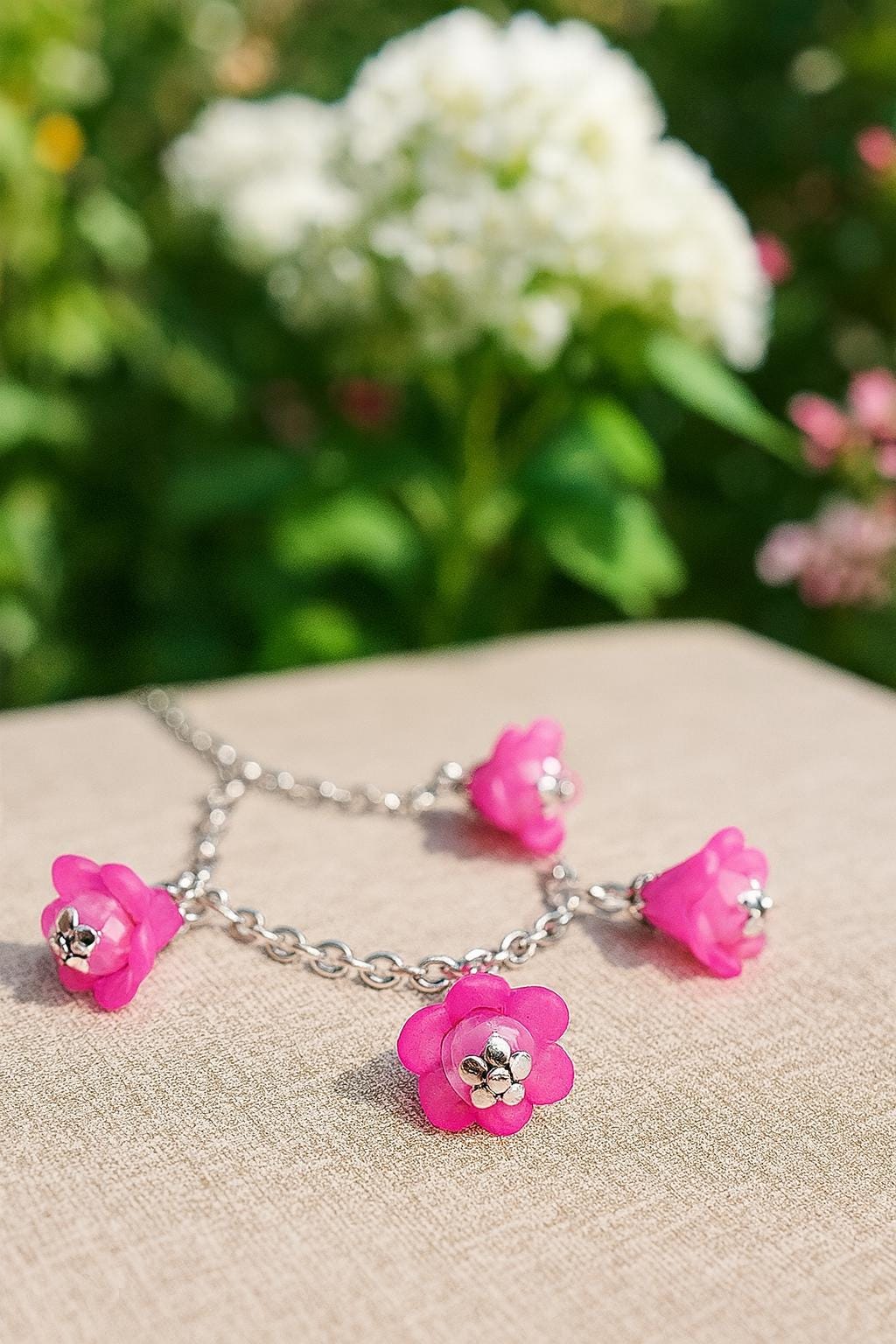 Handmade Pink Flower Charm Bracelet: Boho Floral Jewelry