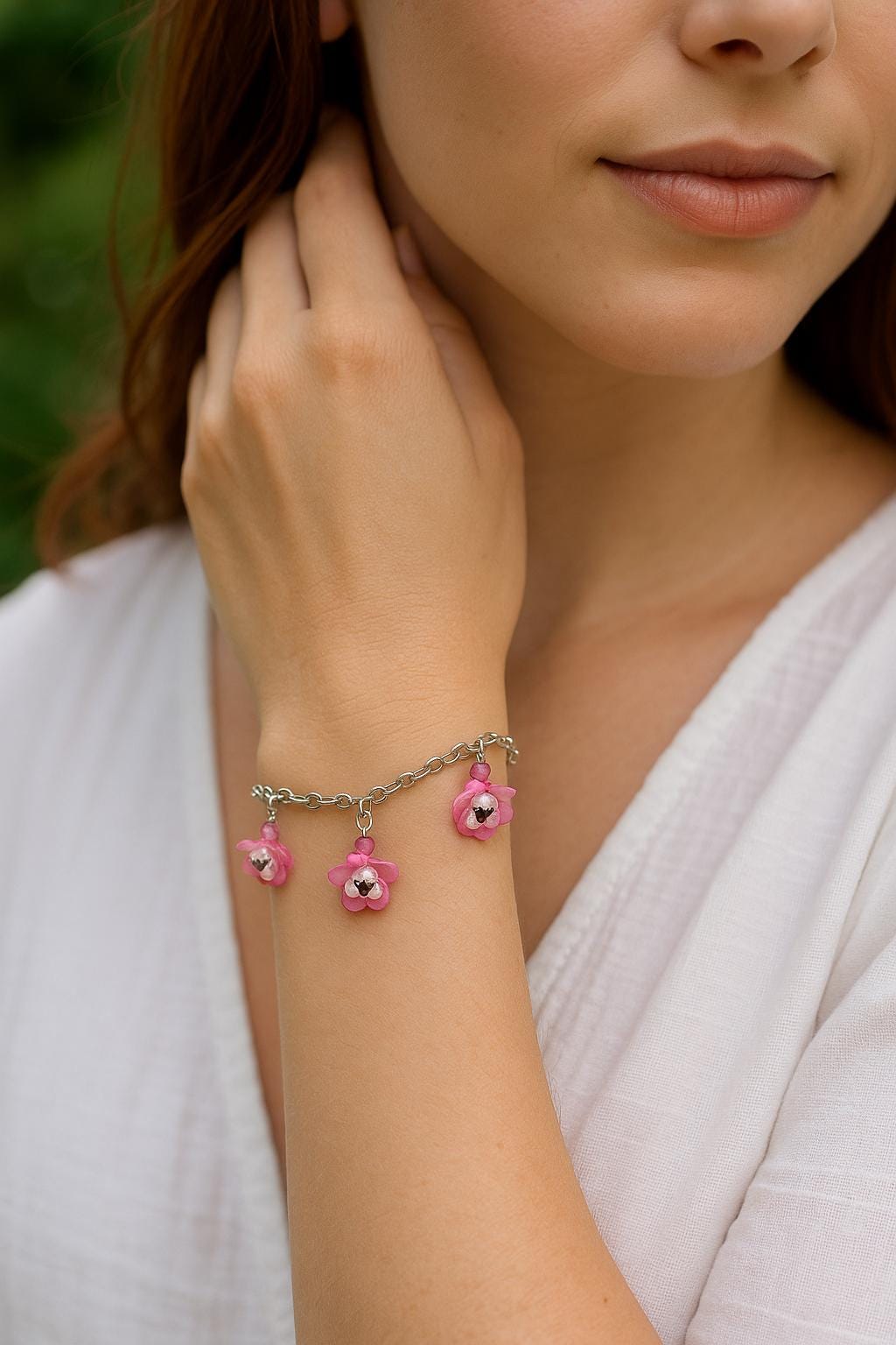 Handmade Pink Flower Charm Bracelet: Boho Floral Jewelry