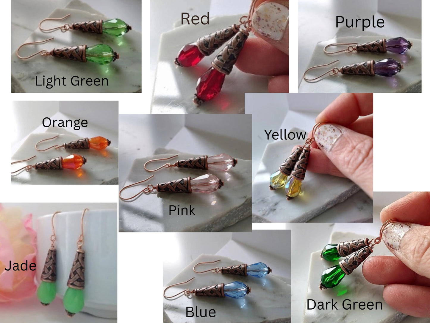 Teardrop Crystal Dangle Earrings: Boho Filigree, Colorful Handmade Jewelry
