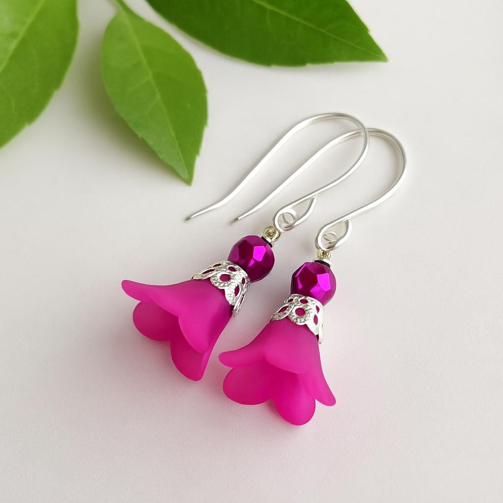 Hot Pink Bell Flower Earrings: Handmade Silver Drop Jewelry