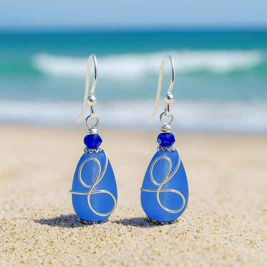 Blue Sea Glass Earrings Sterling Silver Dangles | Beach Wedding Jewelry | Ocean Lover Gift | Coastal Boho Sea Glass Jewelry