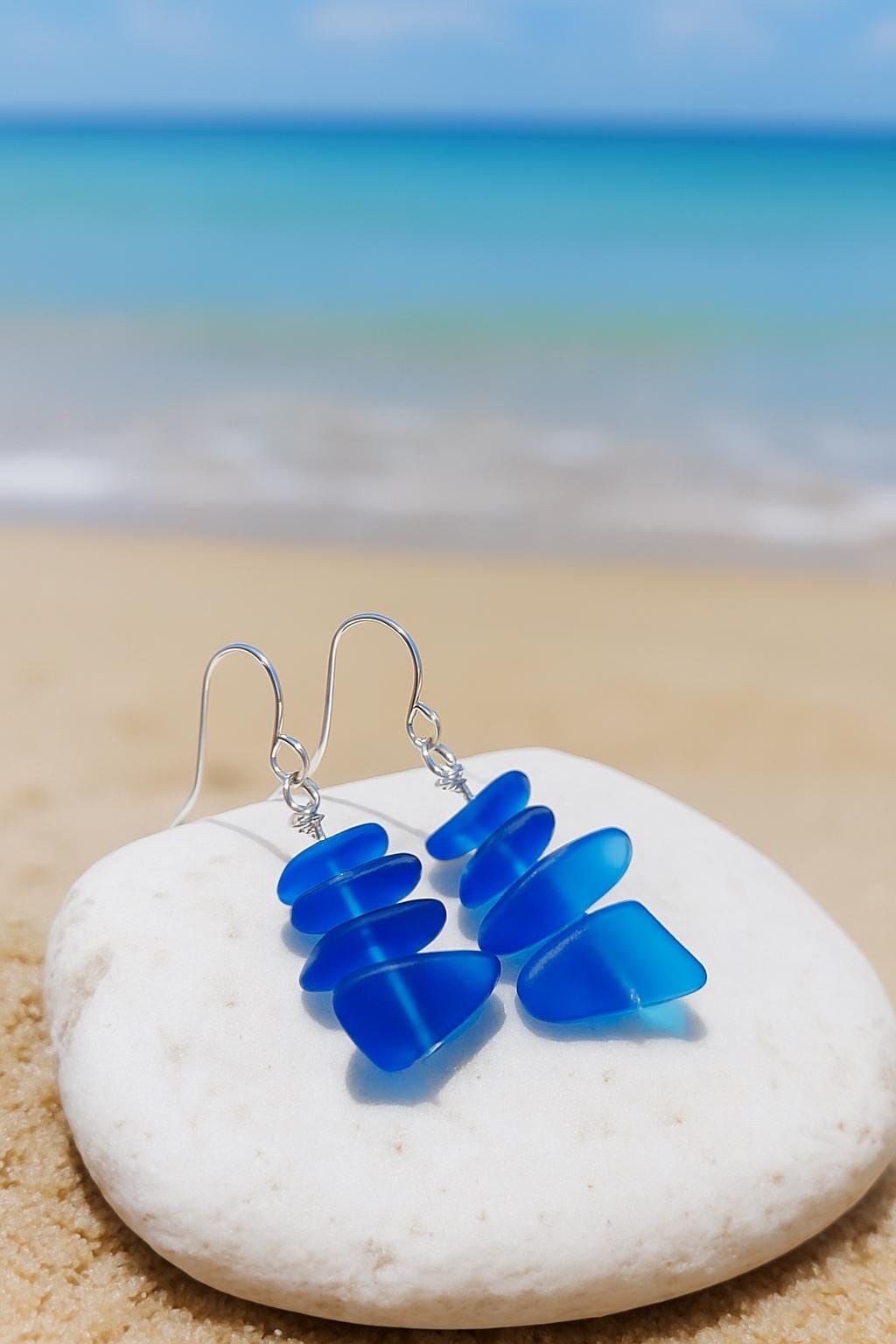 Blue Sea Glass Earrings: Sterling Silver Boho Dangles