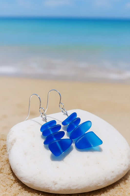 Blue Sea Glass Earrings: Sterling Silver Boho Dangles