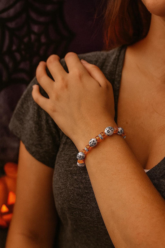 Spooky Halloween Bracelet: Orange Crystal & Black Floral Gothic Jewelry