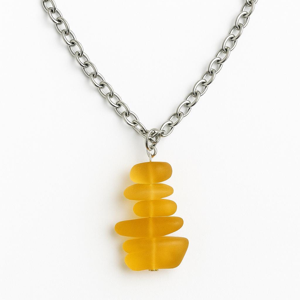 Handmade Yellow Sea Glass Necklace: Silver-Toned Boho Pendant