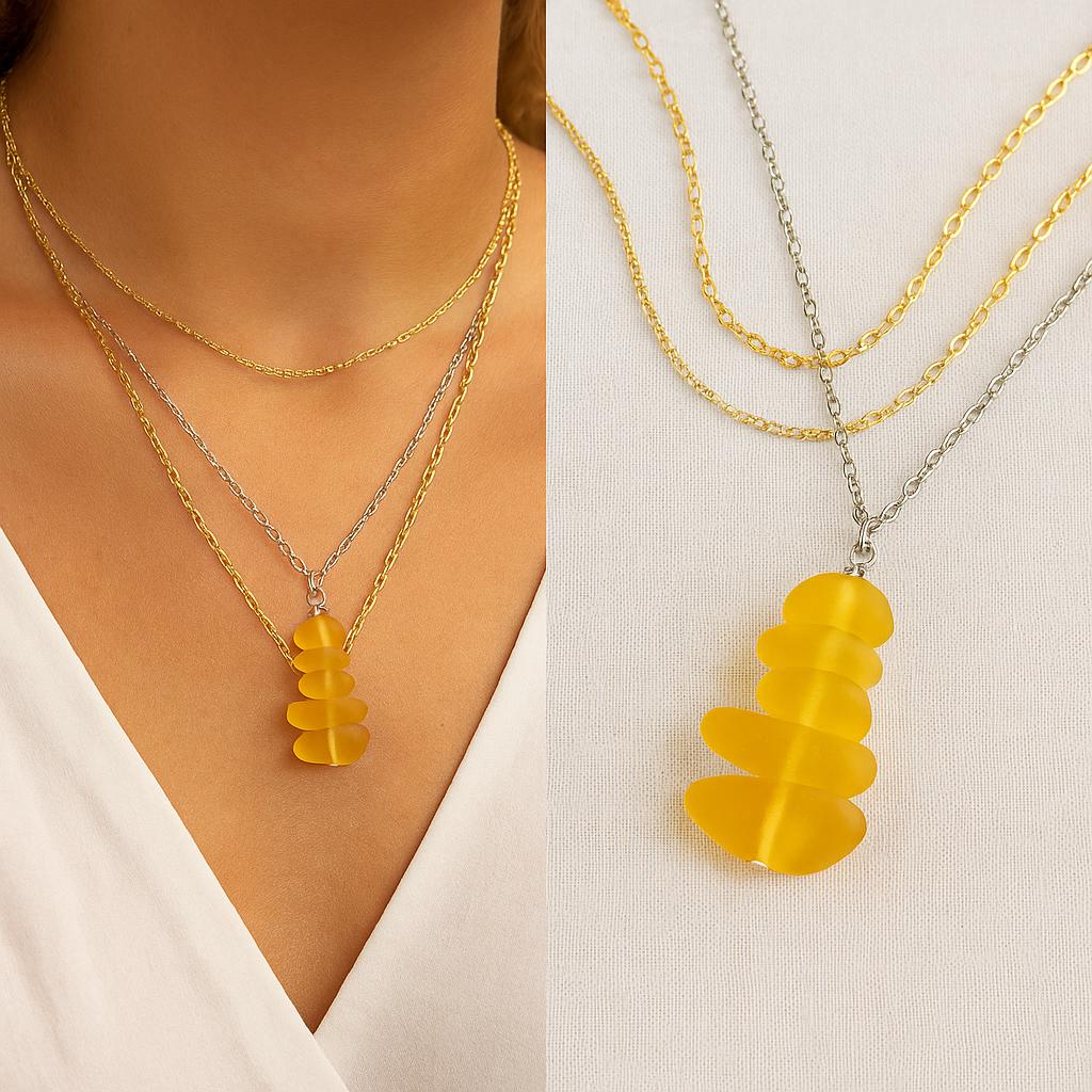 Handmade Yellow Sea Glass Necklace: Silver-Toned Boho Pendant
