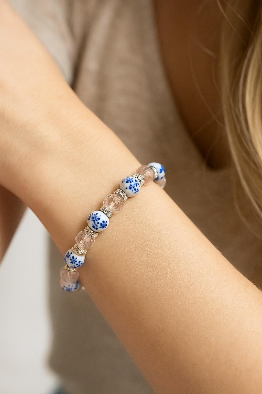 Blue Floral Beaded Stretch Bracelet: Pink Crystal Boho Jewelry