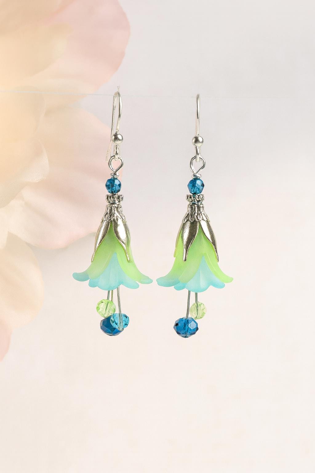 Boho Floral Drop Earrings: Green & Blue Flower Dangles
