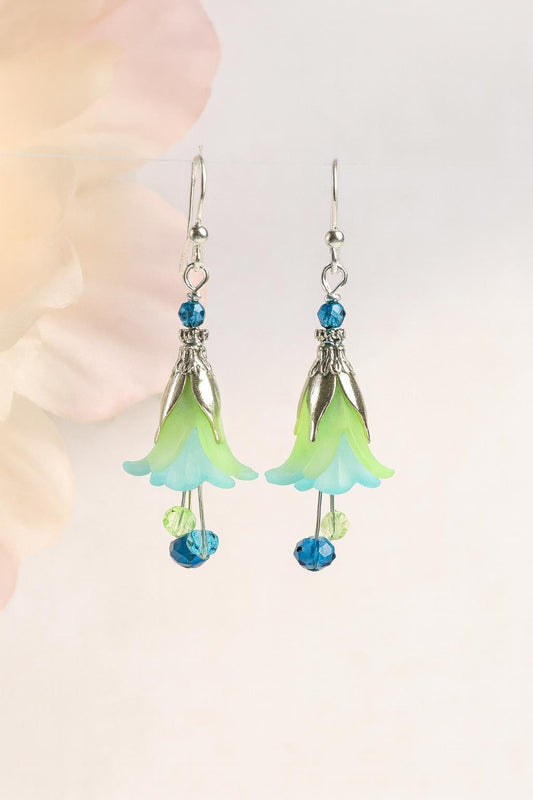 Boho Floral Drop Earrings: Green & Blue Flower Dangles