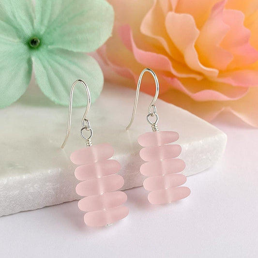 Handmade Pink Sea Glass Jewelry Set: Sterling Silver, Boho Beach Style