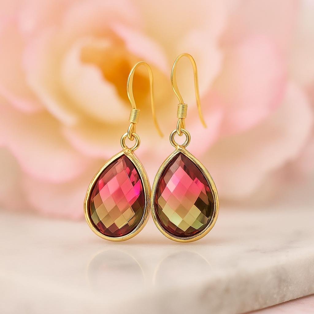 Gold Teardrop Dangle Earrings: Pink Green Crystal, 14k Gold Hooks