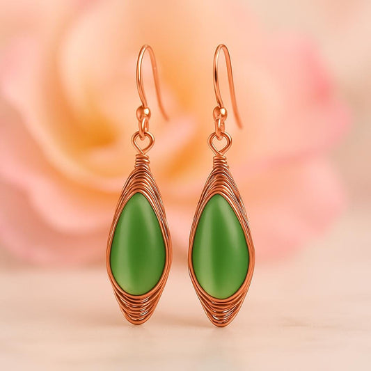 Amber Sea Glass Earrings: Copper Wire Wrapped Boho Dangles