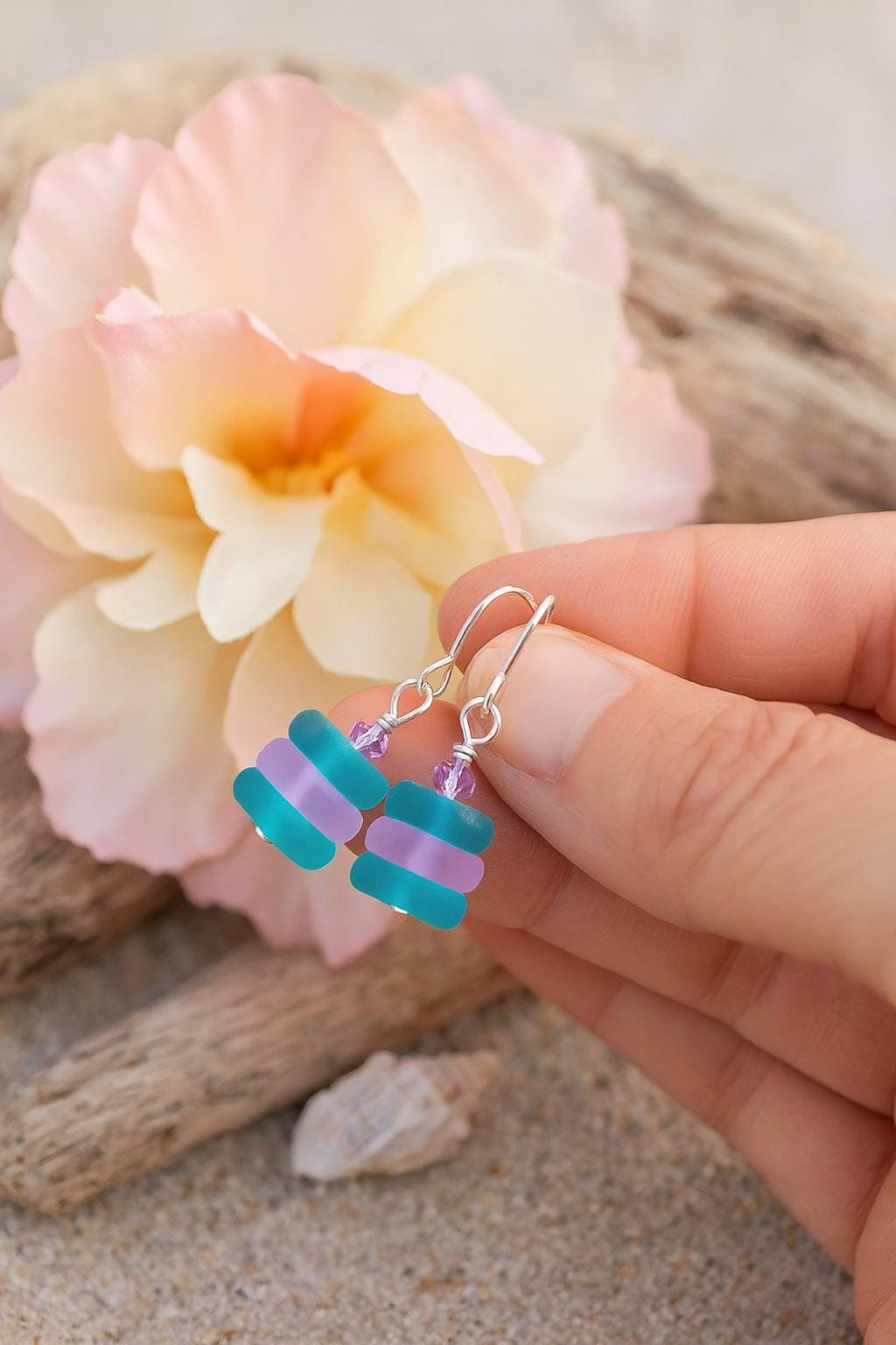 Handmade Sea Glass Earrings: Turquoise Lavender Sterling Silver Dangles