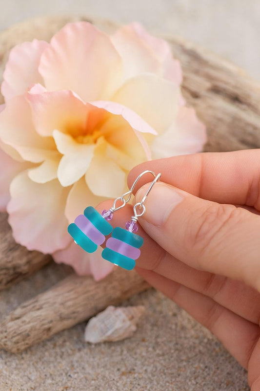 Handmade Sea Glass Earrings: Turquoise Lavender Sterling Silver Dangles