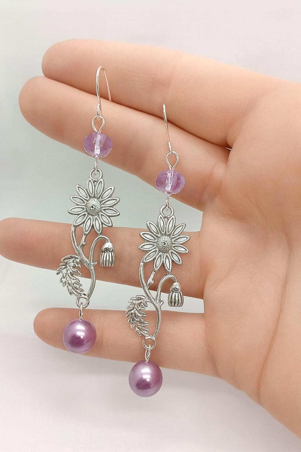 Silver Floral Dangle Earrings: Handmade Purple Pearl Boho Jewelry