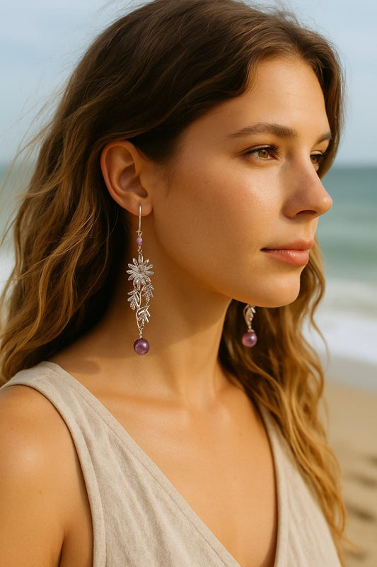 Silver Floral Dangle Earrings: Handmade Purple Pearl Boho Jewelry