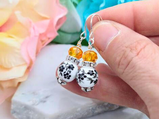 Black Flower Dangle Earrings: Halloween Floral Jewelry, Silver or Sterling Silver