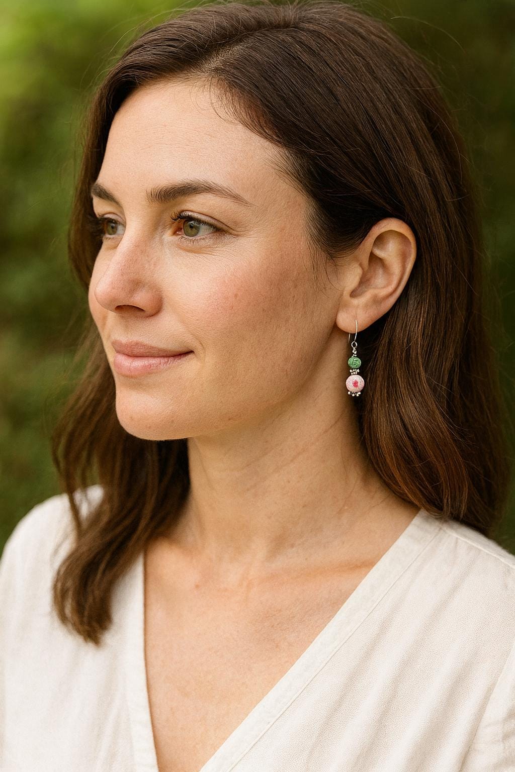 Pink Floral Bead Dangle Earrings: Green Crystal Accents, Spring Jewelry