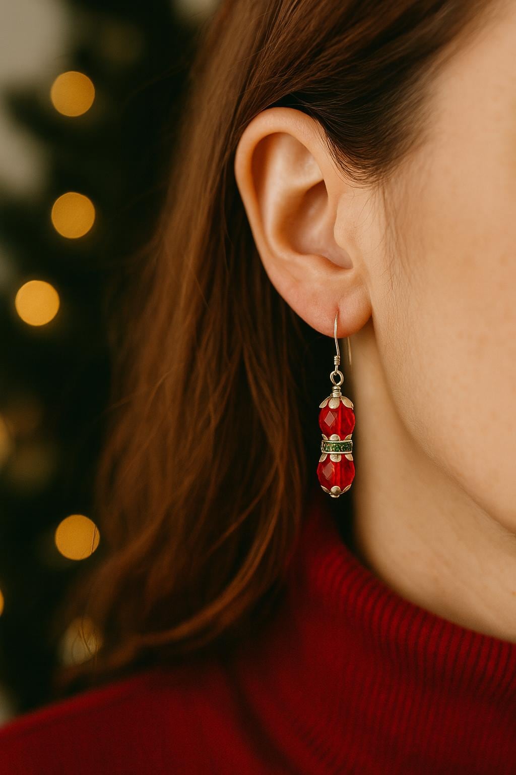 Handmade Christmas Dangle Earrings: Red Crystal & Green Rhinestone Jewelry