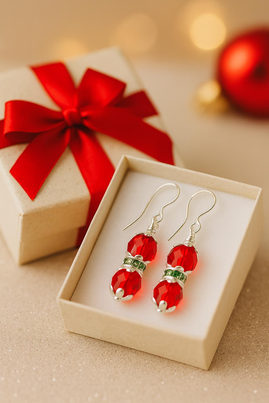 Handmade Christmas Dangle Earrings: Red Crystal & Green Rhinestone Jewelry