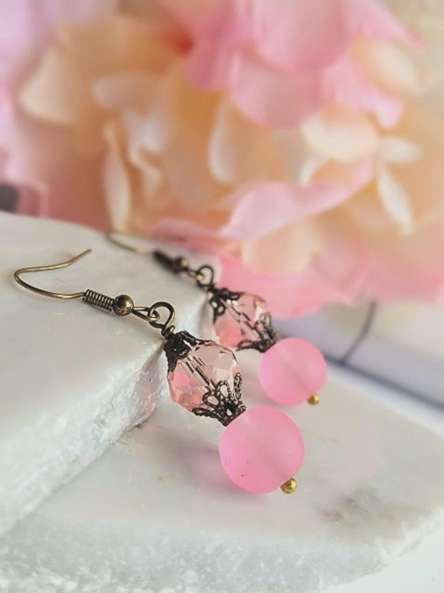 Blush Pink Frosted Glass Earrings • Vintage Dangle, Fall Jewelry