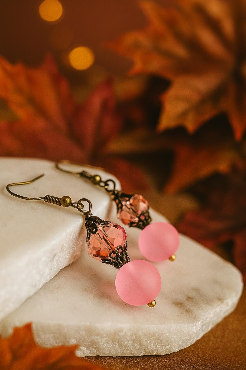 Blush Pink Frosted Glass Earrings • Vintage Dangle, Fall Jewelry