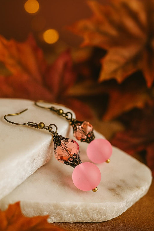 Blush Pink Frosted Glass Earrings • Vintage Dangle, Fall Jewelry