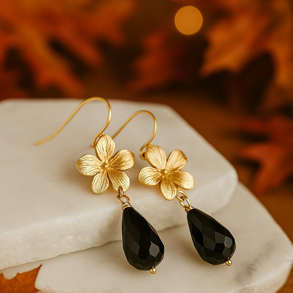 Black Teardrop Earrings • Gold Floral Dangle Earrings • Autumn Everyday Jewelry • Handmade Gift for Her • Boho Fall Accessories