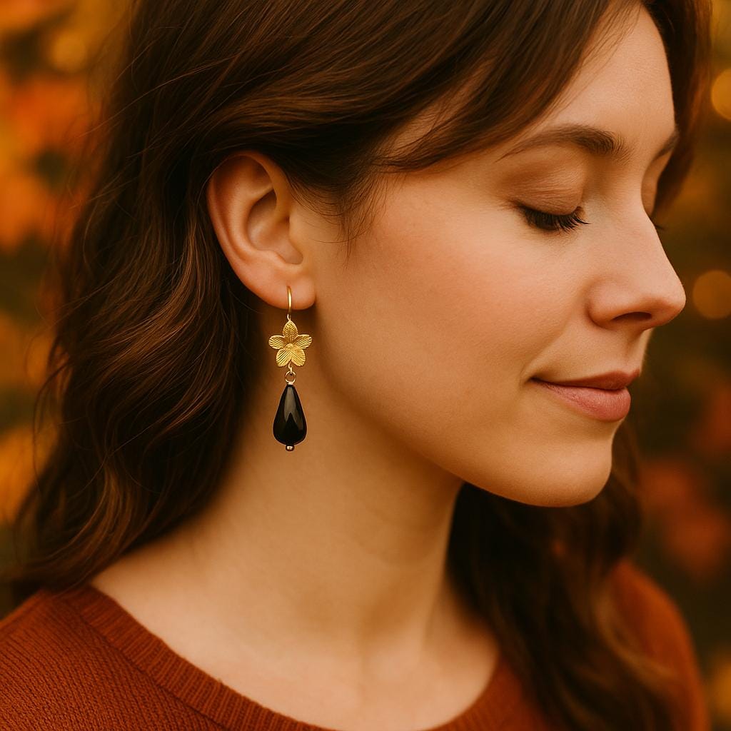 Black Teardrop Earrings • Gold Floral Dangles, Autumn Jewelry