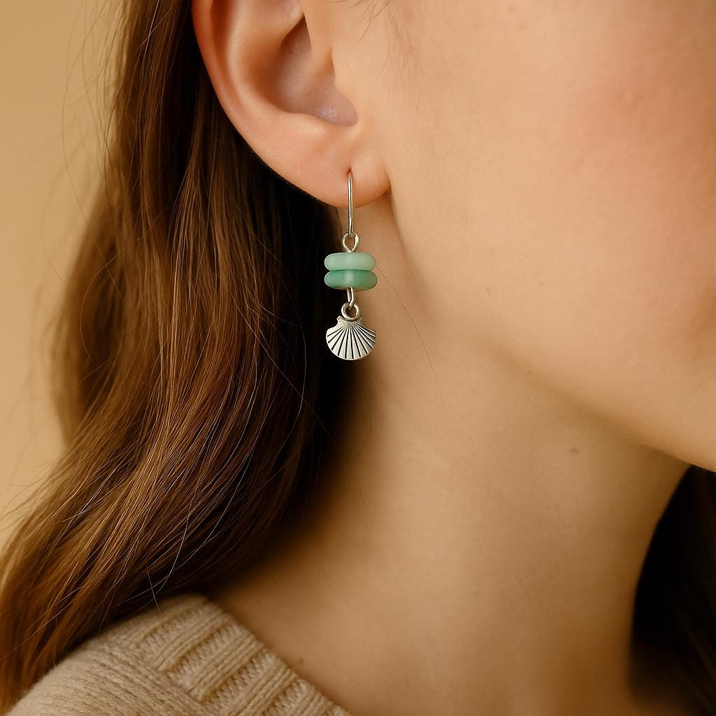 Mint Green Sea Glass Seashell Earrings • Coastal Dangle Earrings • Beachy Boho Jewelry • Ocean Lover Gift • Handmade Everyday Earrings