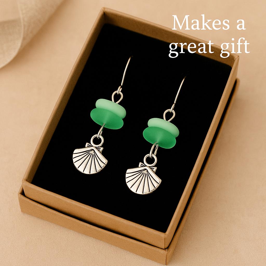 Mint Green Sea Glass Seashell Earrings • Coastal Dangle Earrings • Beachy Boho Jewelry • Ocean Lover Gift • Handmade Everyday Earrings