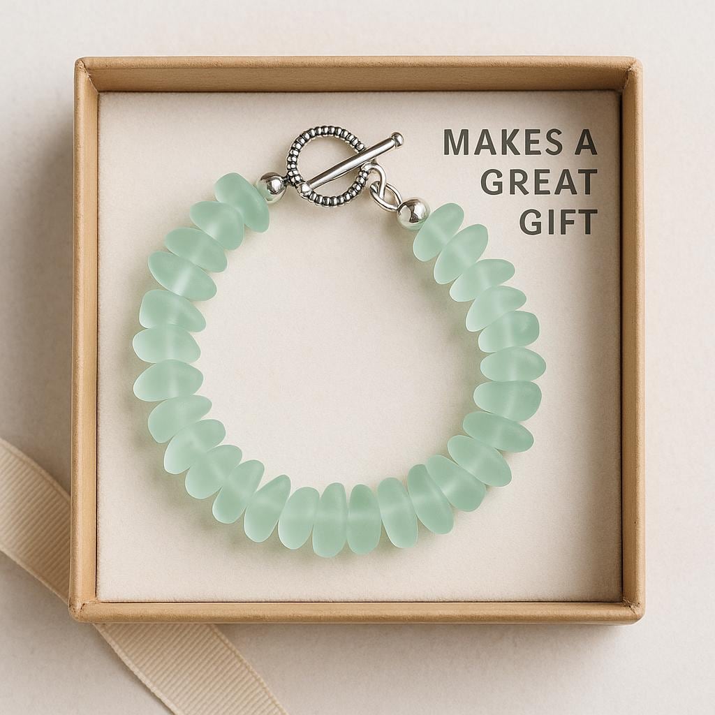 Aqua Sea Glass Bracelet • Seaglass Jewelry Gift • Frosted Beaded Bracelet • Handmade Beach Jewelry • Coastal Boho Everyday Style
