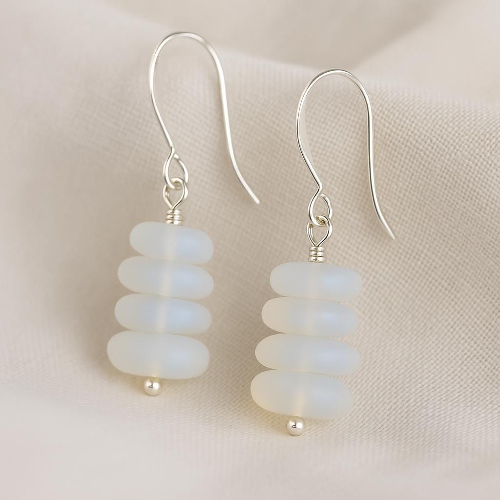 Opal Moonstone Sea Glass Earrings • Dangle Drop Earrings • Beach Wedding Jewelry • Boho Coastal Gift • Handmade Sterling Silver