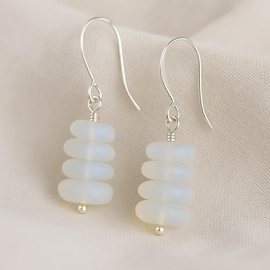 Opal Moonstone Sea Glass Earrings • Dangle Drop Earrings • Beach Wedding Jewelry • Boho Coastal Gift • Handmade Sterling Silver