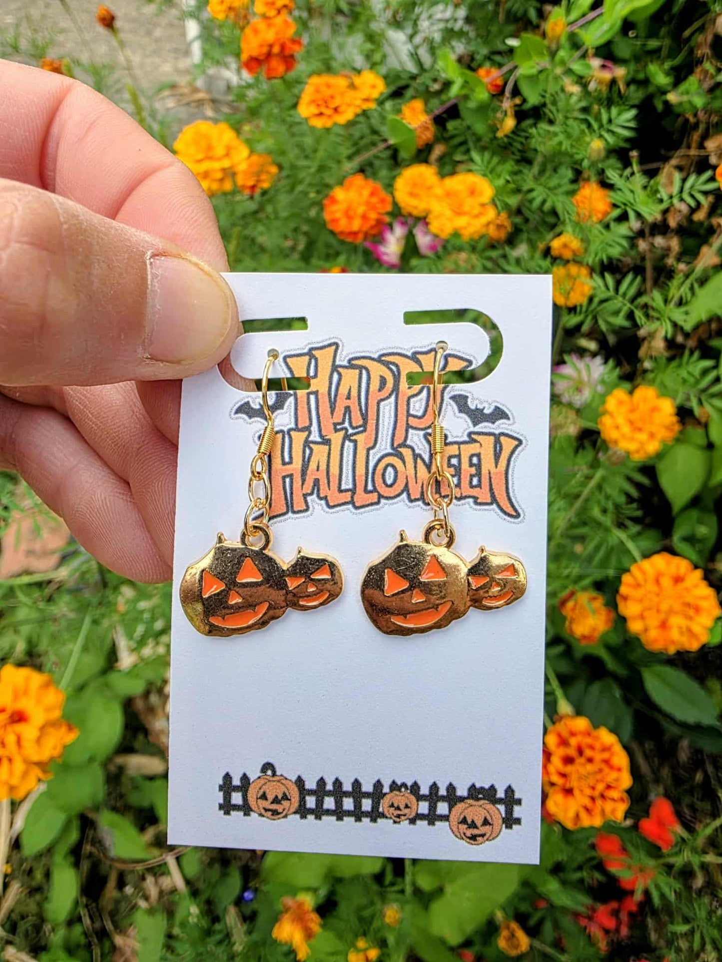 Pumpkin Jack-O’-Lantern Dangle Earrings in Gold | Halloween Drop Earrings | Spooky Fall Jewelry Gift | Lightweight Costume Party Accessory