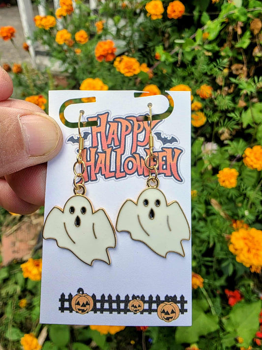 Cute Ghost Dangle Earrings in Gold | Halloween Drop Earrings | Spooky White Ghost Jewelry Gift | Lightweight Costume Party Earrings