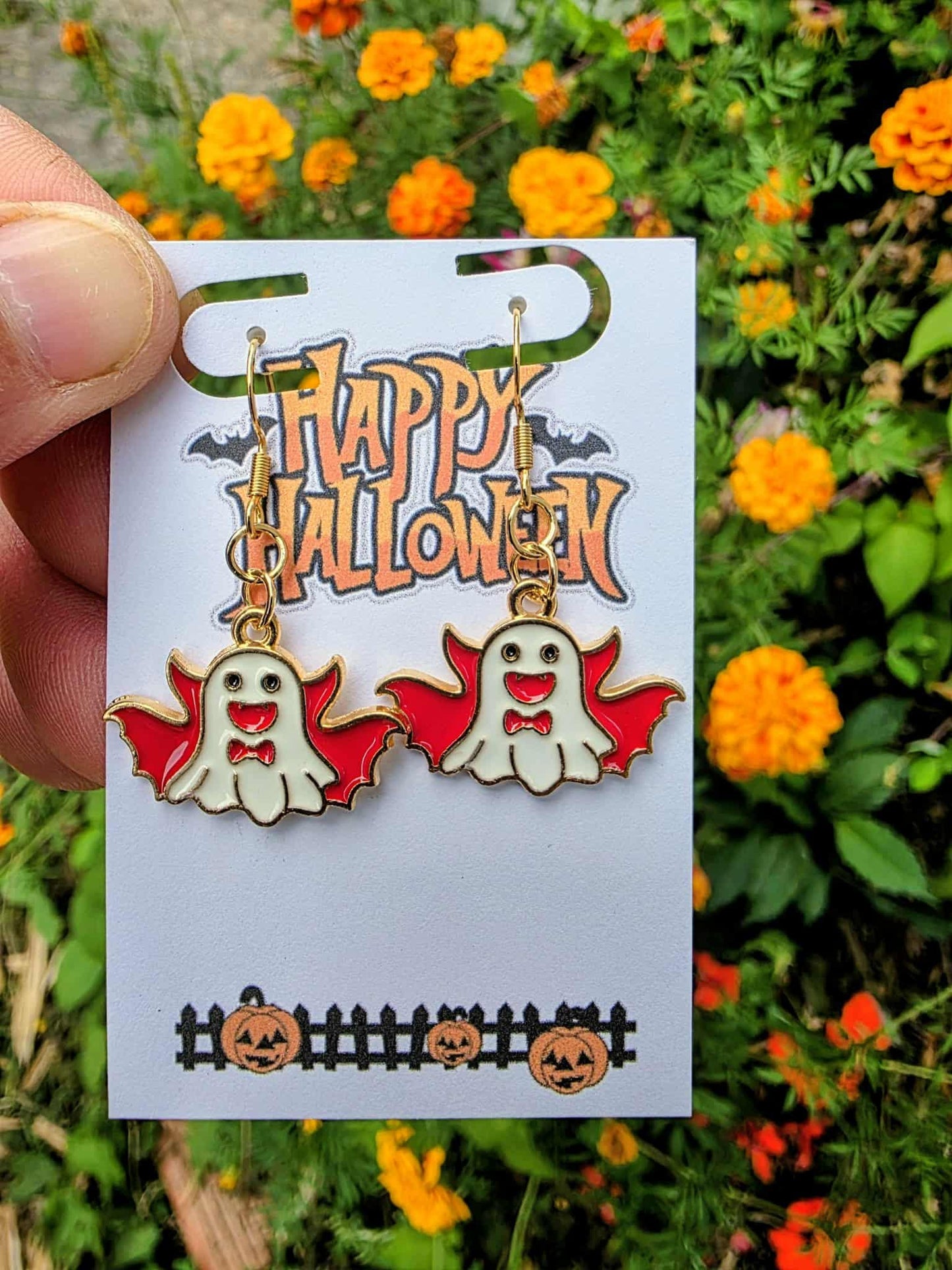 Vampire Ghost Dangle Earrings (Red Cape) | Spooky-Cute Halloween Earrings | Lightweight Gold Enamel | Gift-Ready Fall Jewelry