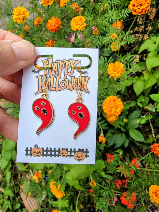 Red Ghost Halloween Earrings | Spooky Dangle Earrings with Pumpkin Faces | Cute Fall Jewelry Gift