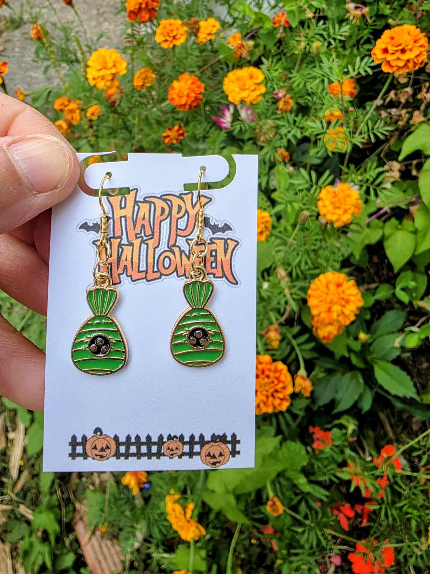 Halloween Candy Bag Earrings | Green Trick or Treat Dangle Earrings | Cute Spooky Jewelry Gift