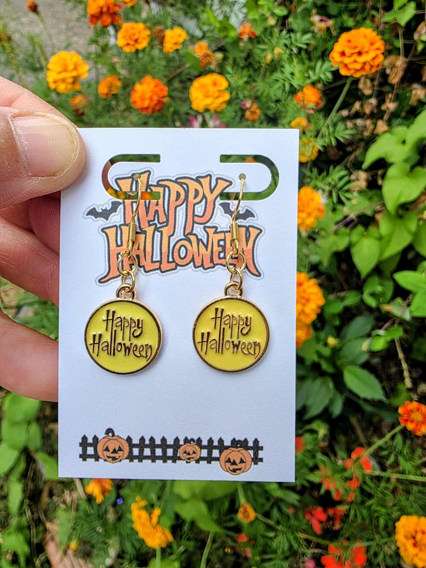 Happy Halloween Dangle Earrings | Yellow Round Halloween Jewelry | Spooky Fall Gift for Women & Teens
