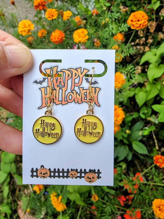 Happy Halloween Dangle Earrings | Yellow Round Halloween Jewelry | Spooky Fall Gift for Women & Teens