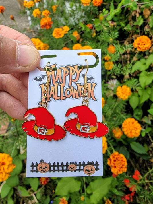 Red Witch Hat Halloween Earrings | Spooky Dangle Earrings | Cute Fall Jewelry Gift | Trick or Treat Party Accessory