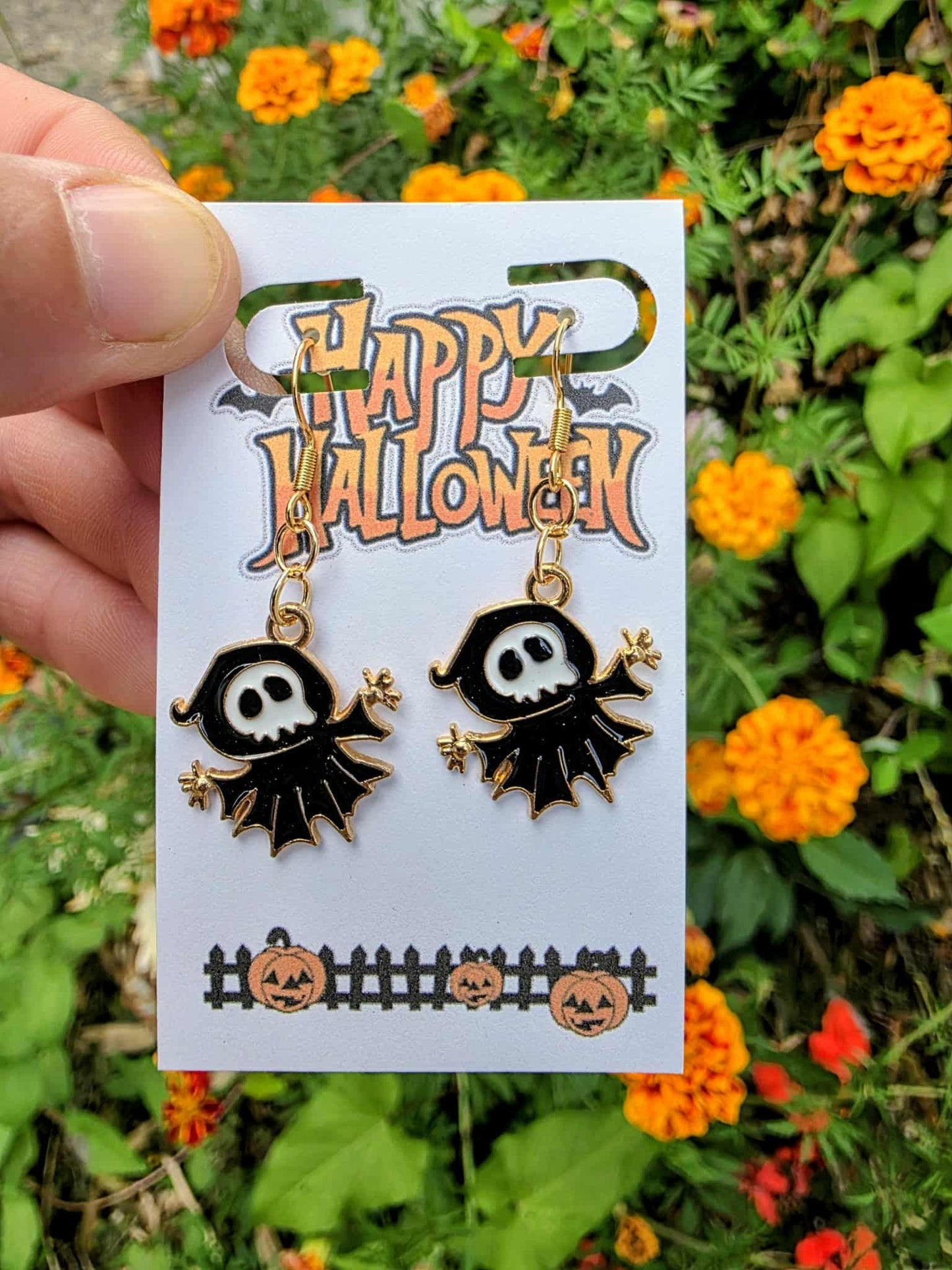 Grim Reaper Halloween Dangle Earrings | Spooky Black Skull Drop Earrings | Creepy Cute Fall Jewelry | Trick or Treat Party Gift for Women