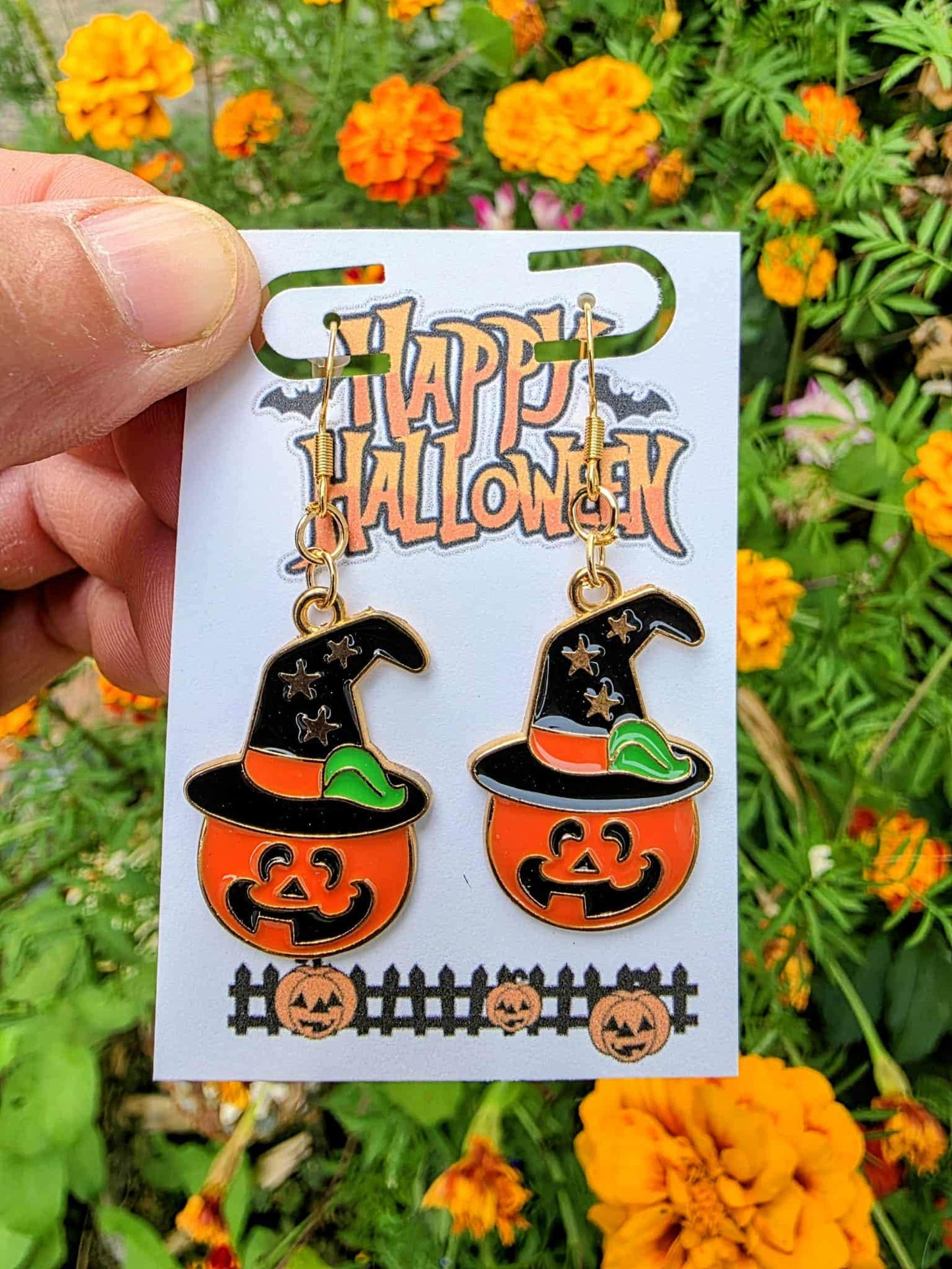 Pumpkin Witch Hat Halloween Earrings | Jack-O’-Lantern Dangle Jewelry | Spooky Cute Earrings | Trick or Treat Party Accessory Gift