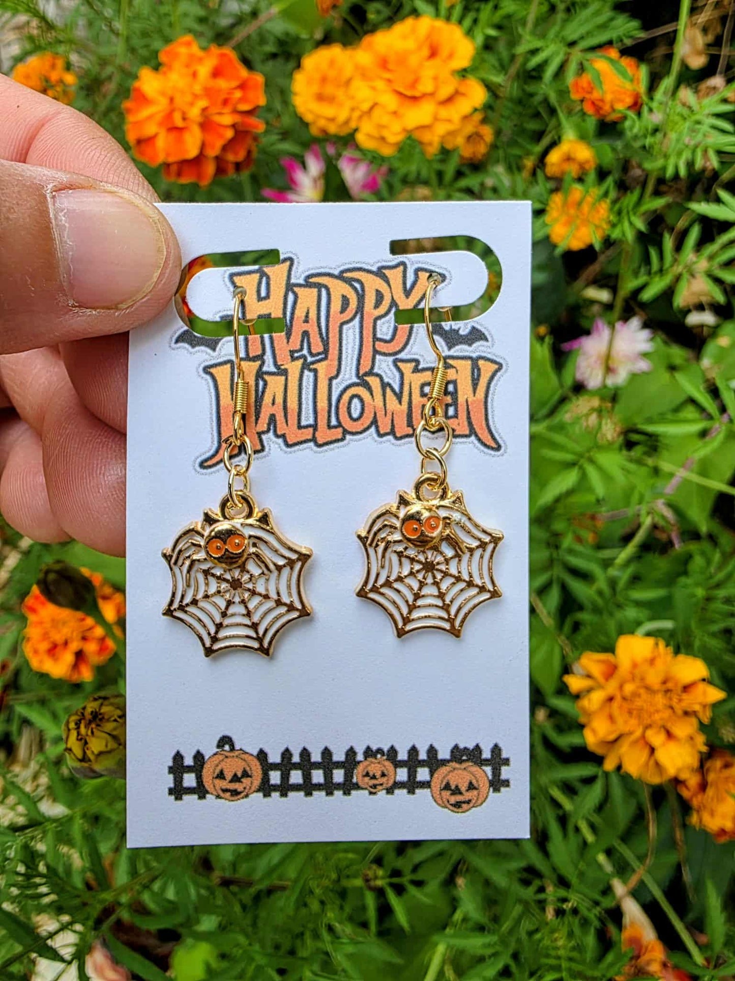 Spider Web Halloween Earrings – Spooky Dangle Earrings with Orange Eyed Spider – Haunted Jewelry, Creepy Cute Halloween Gift