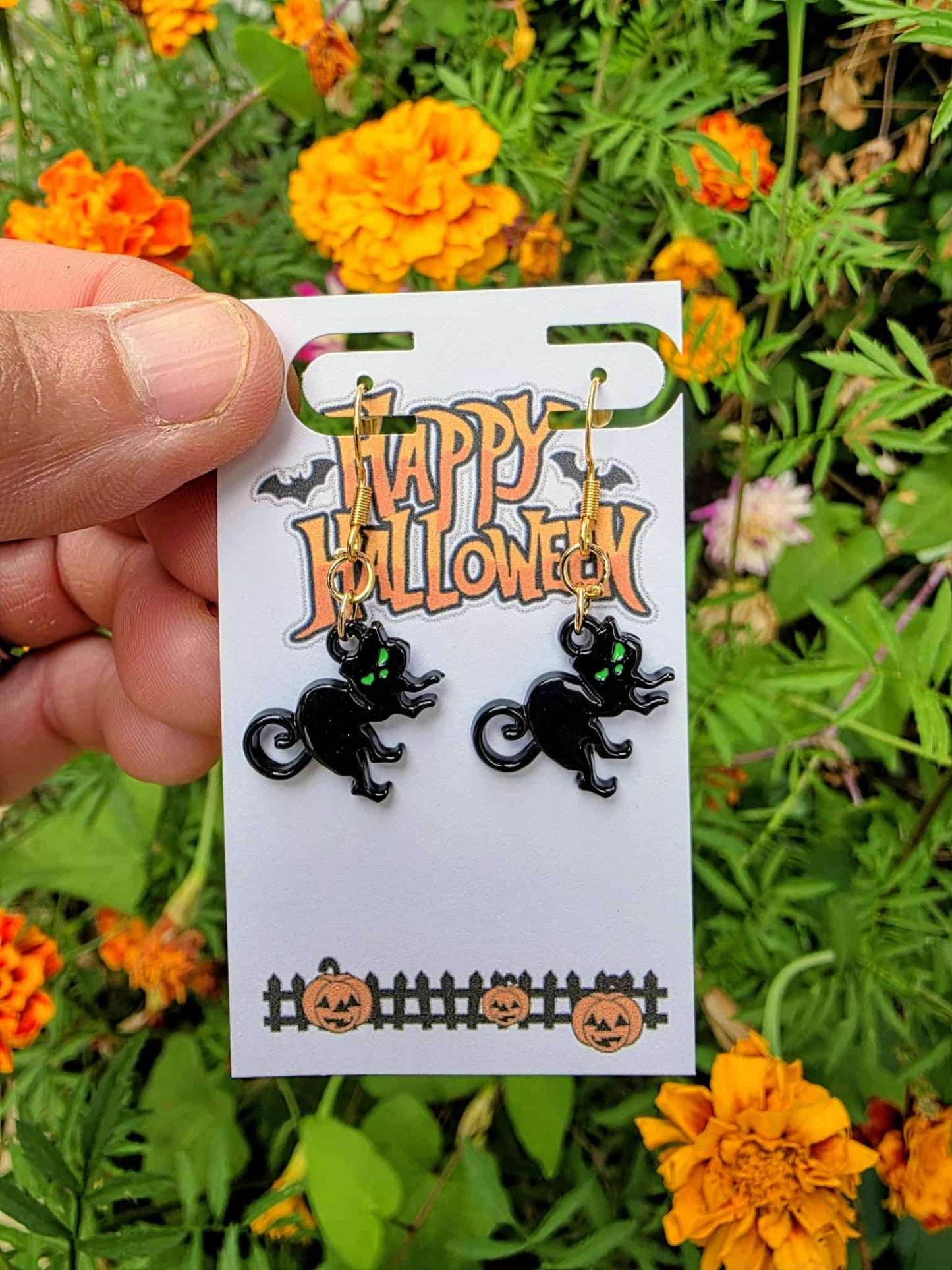Black Cat Halloween Earrings | 18K Gold Over Brass | Hypoallergenic Witchy Dangles | Spooky Gothic Jewelry Gift